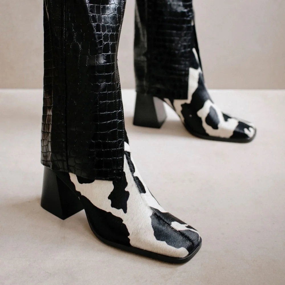 Cow Print Pony Hair Square Toe Chunky Heel Leather Boots Aloha - Picture 5 of 6